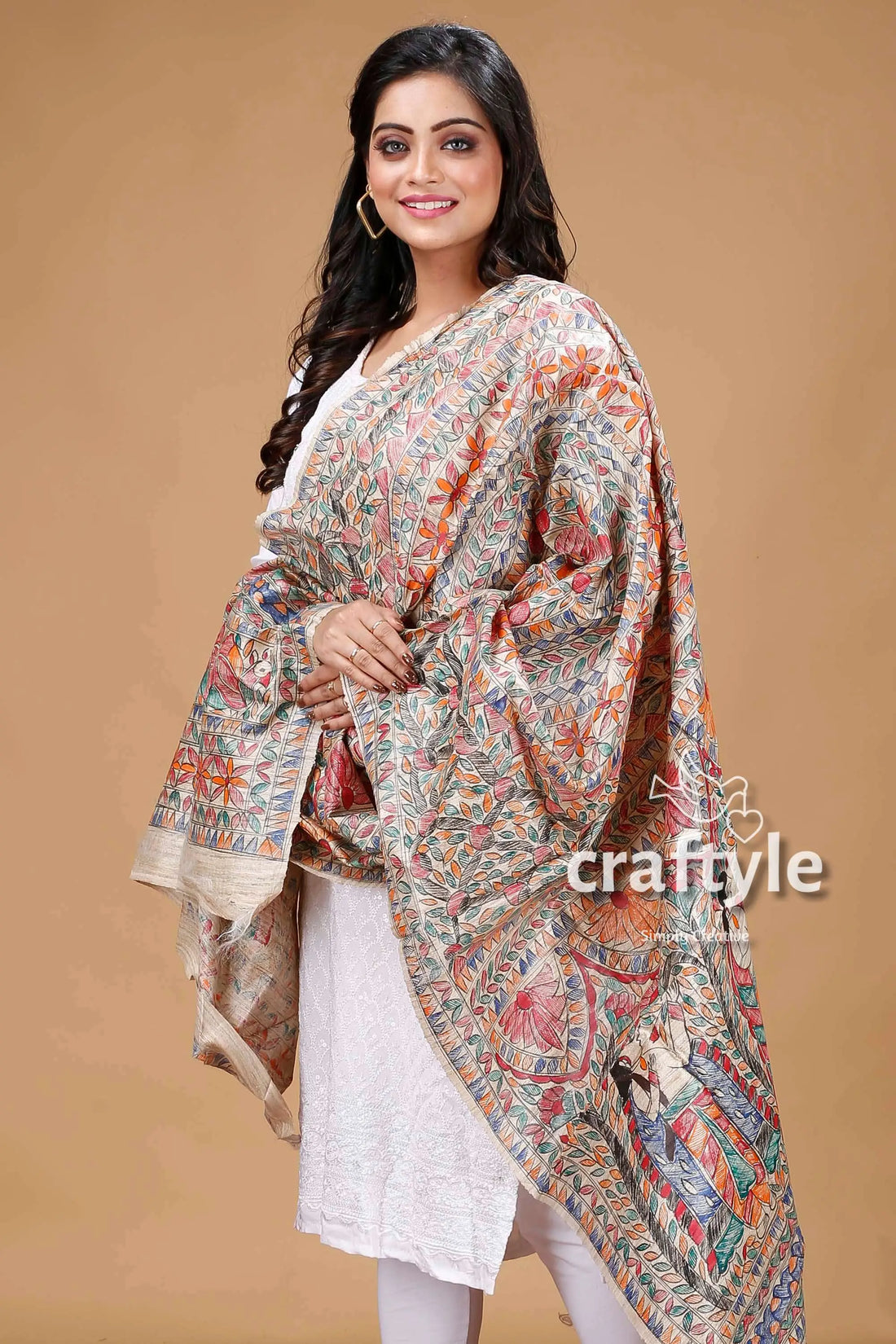 Authentic handcrafted madhubani dupatta embroidered shawl draped woman 2