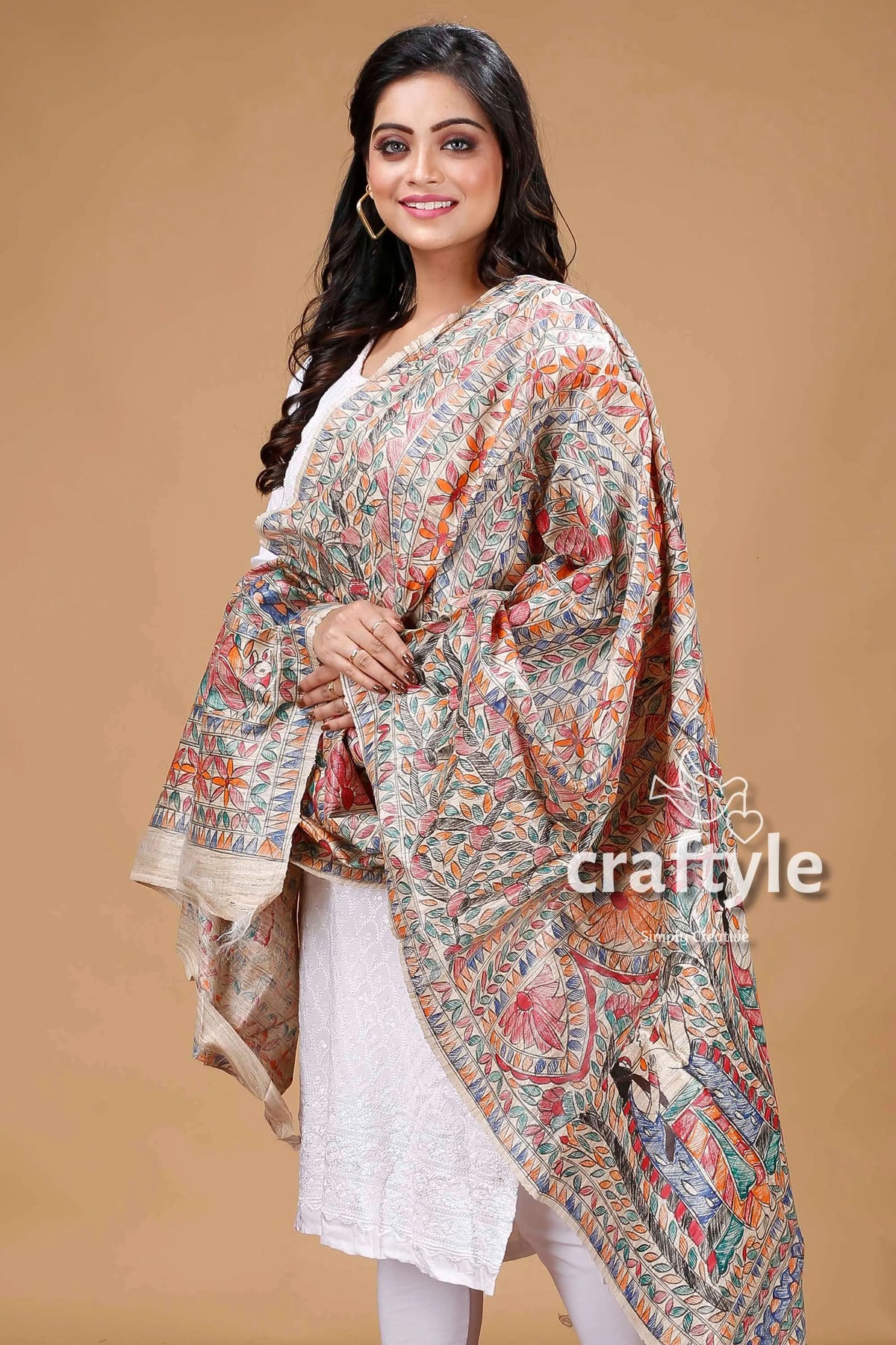 Authentic handcrafted madhubani dupatta embroidered shawl draped woman 2