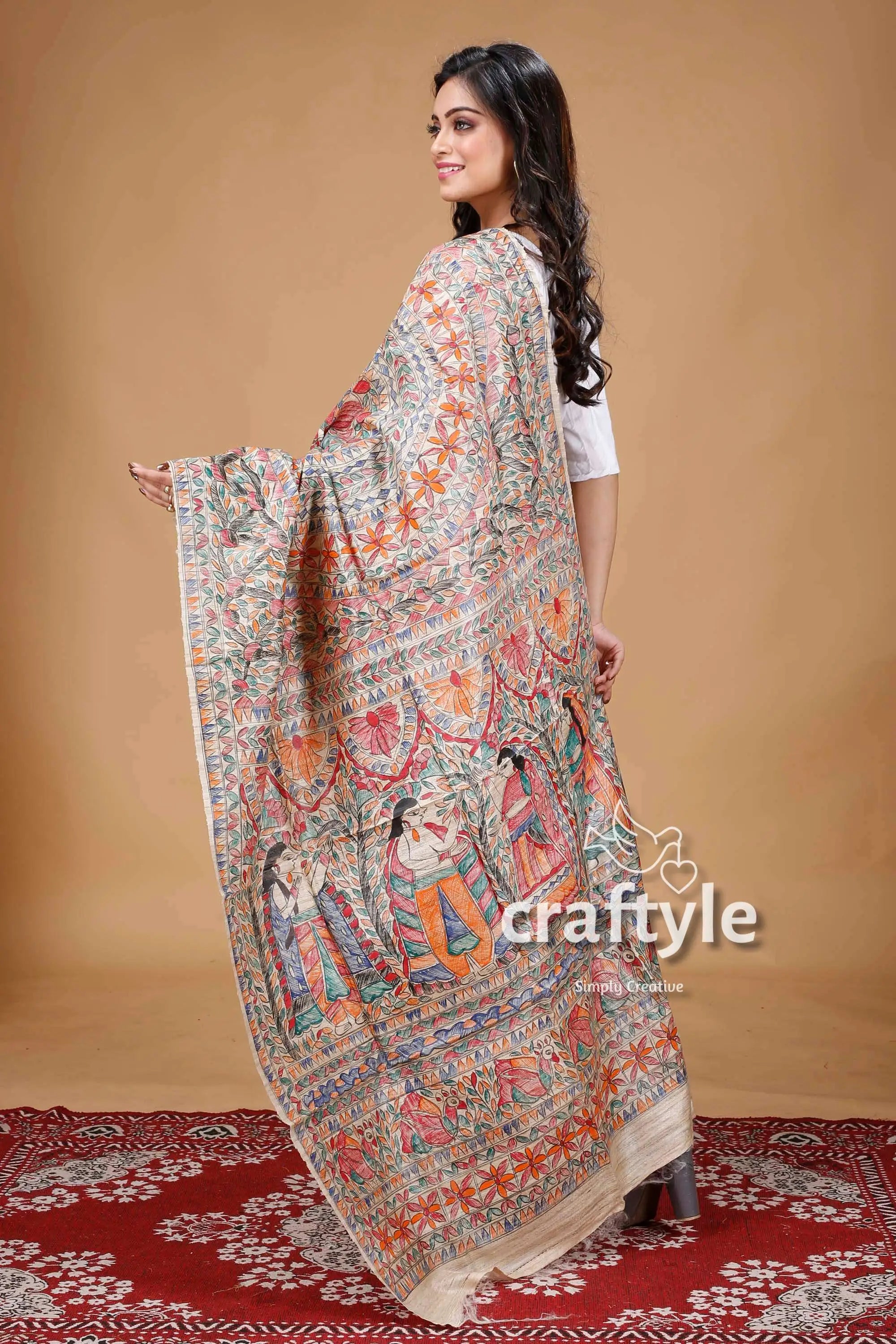 Authentic handcrafted madhubani dupatta intricately embroidered shawl figures 3