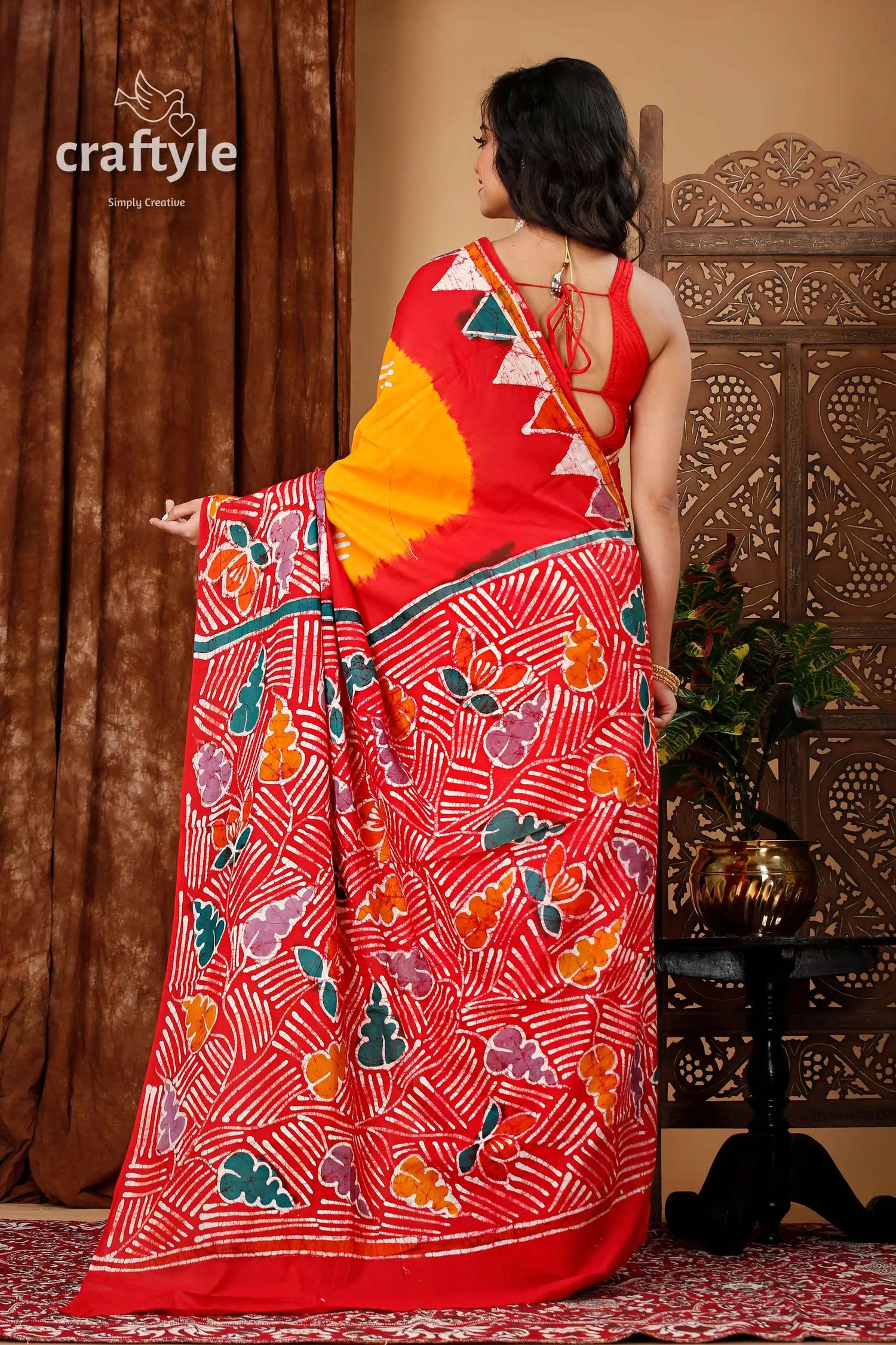 Authentic multicolor hand batik pure cotton saree - exquisite craftsmanship red yellow patterned saree 5