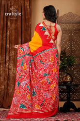 Authentic multicolor hand batik pure cotton saree - exquisite craftsmanship red yellow patterned saree 5