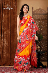 Authentic multicolor hand batik pure cotton saree - exquisite craftsmanship red yellow patterned saree 4