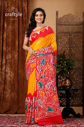 Authentic multicolor hand batik pure cotton saree - exquisite craftsmanship woman yellow red patterned sari 1