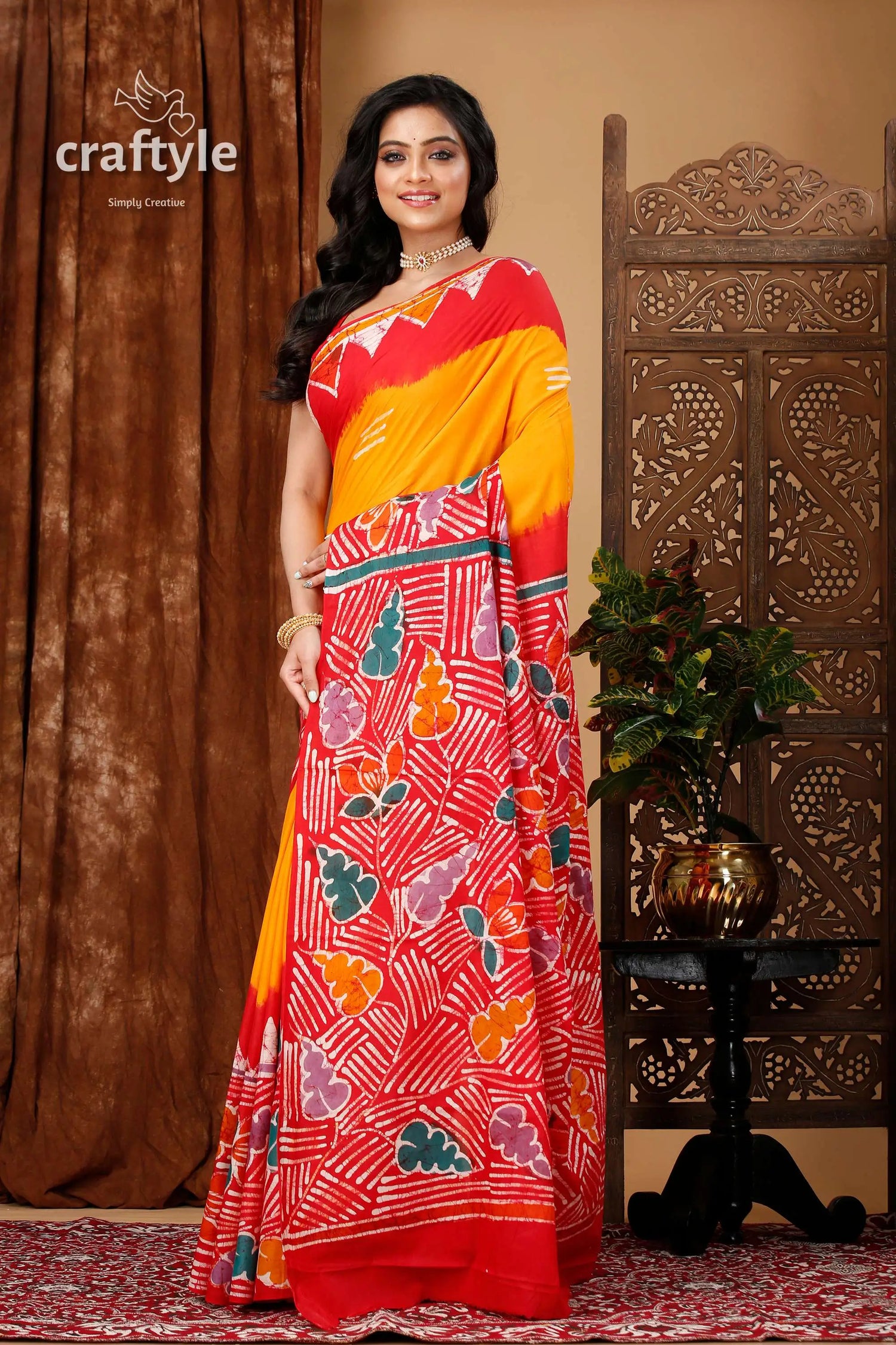 Authentic multicolor hand batik pure cotton saree - exquisite craftsmanship woman red yellow white patterned 3