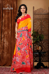 Authentic multicolor hand batik pure cotton saree - exquisite craftsmanship woman red yellow white patterned 3