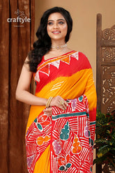 Authentic multicolor hand batik pure cotton saree - exquisite craftsmanship woman red yellow batik saree 2