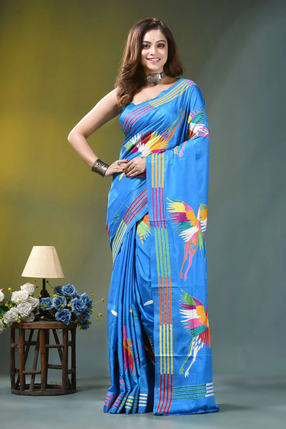 Azure blue artisanal heron motif handmade silk kantha work saree vibrant blue silk saree adorned 1
