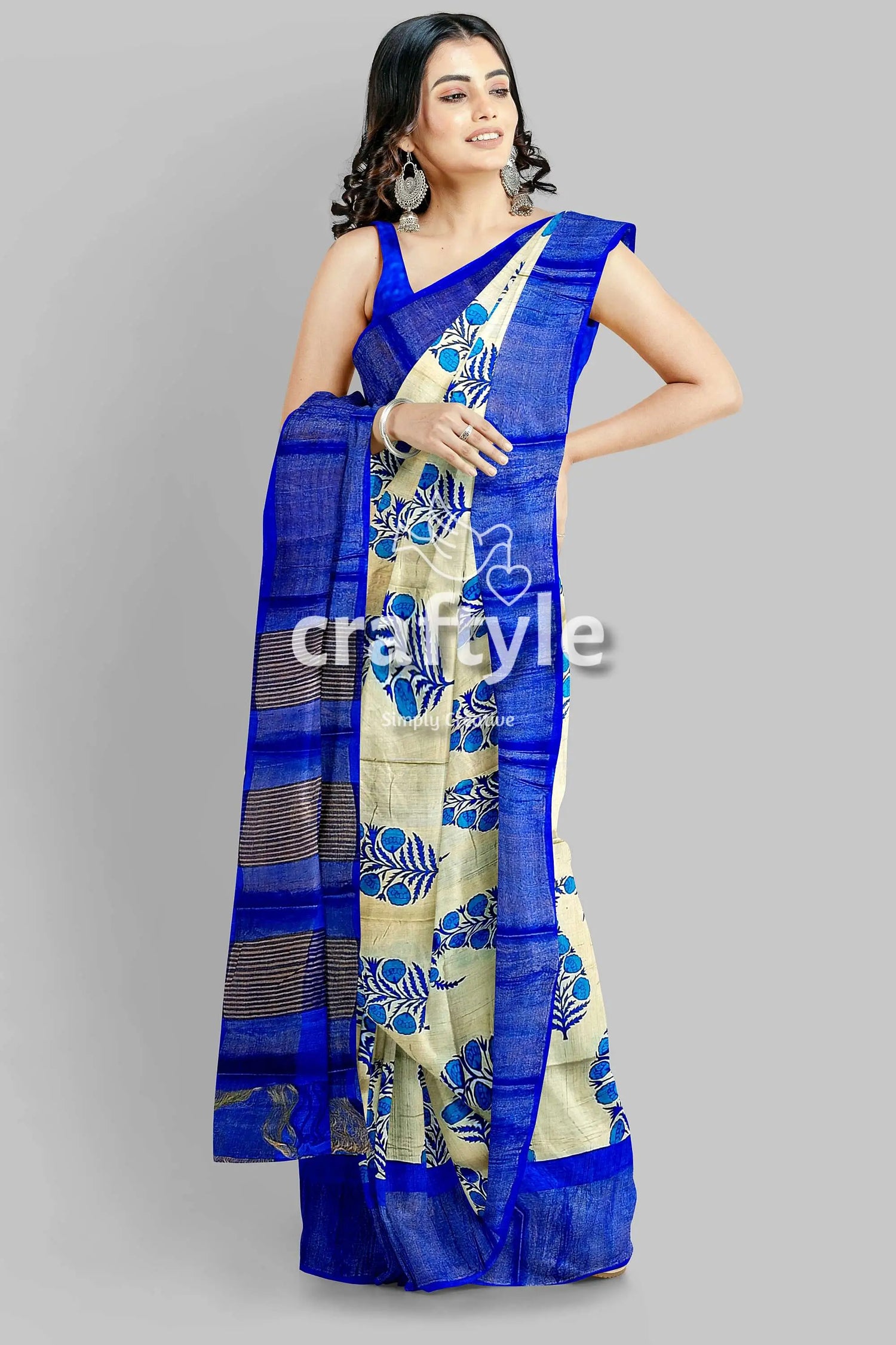 Azure blue cream hand block print zari border pure tussar saree woman blue white saree 3