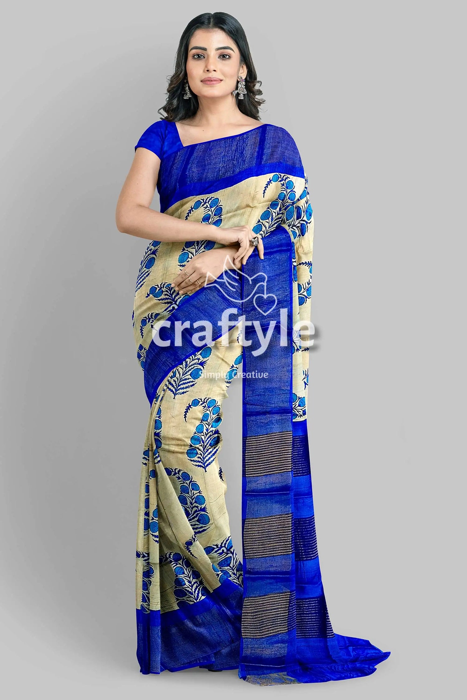 Azure blue cream hand block print zari border pure tussar saree woman blue beige saree 2