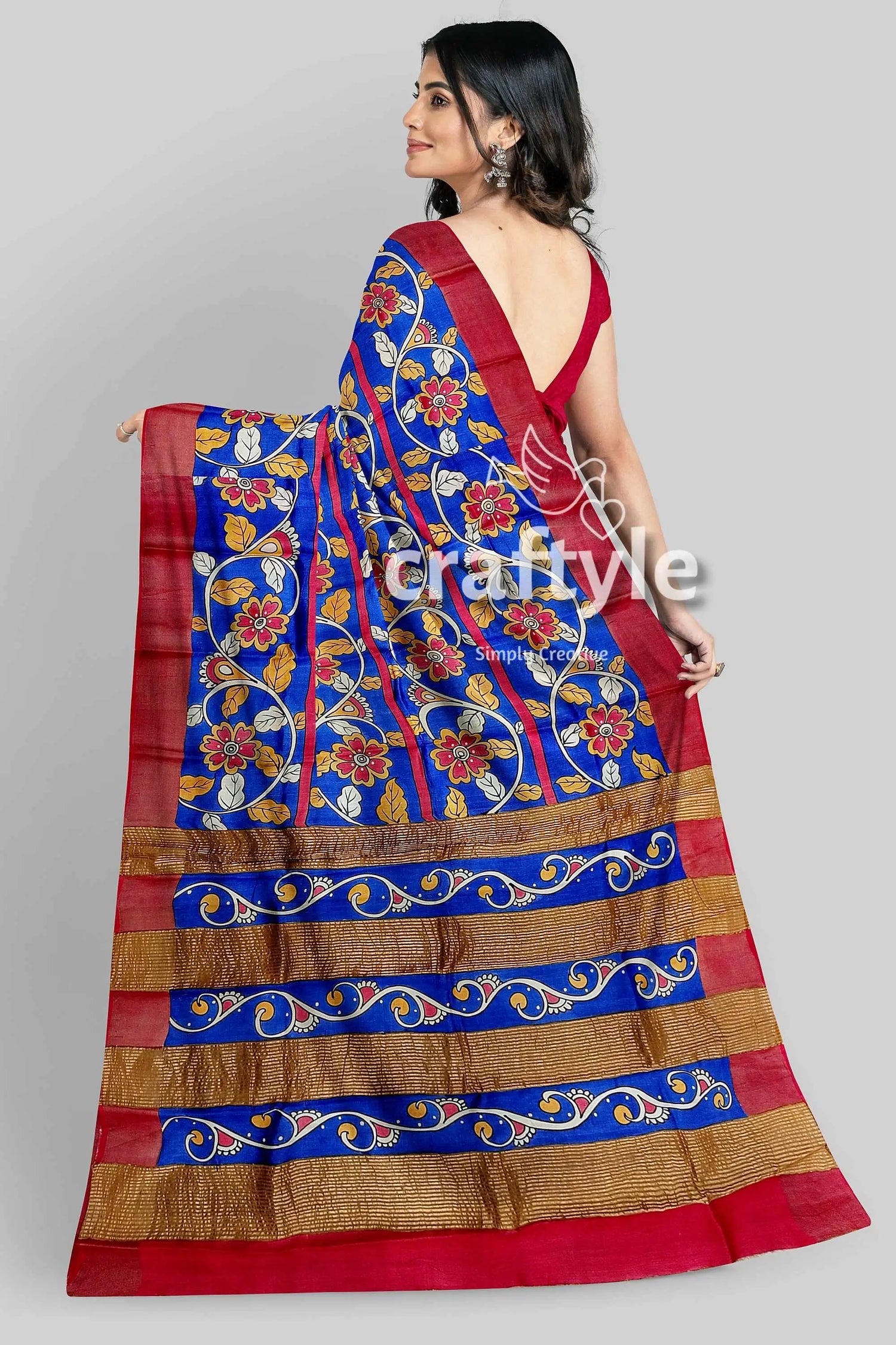 Azure blue hand-painted pure tussar saree with zari border - kalamkari design blue red floral saree 6