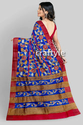 Azure blue hand-painted pure tussar saree with zari border - kalamkari design blue red floral saree 6
