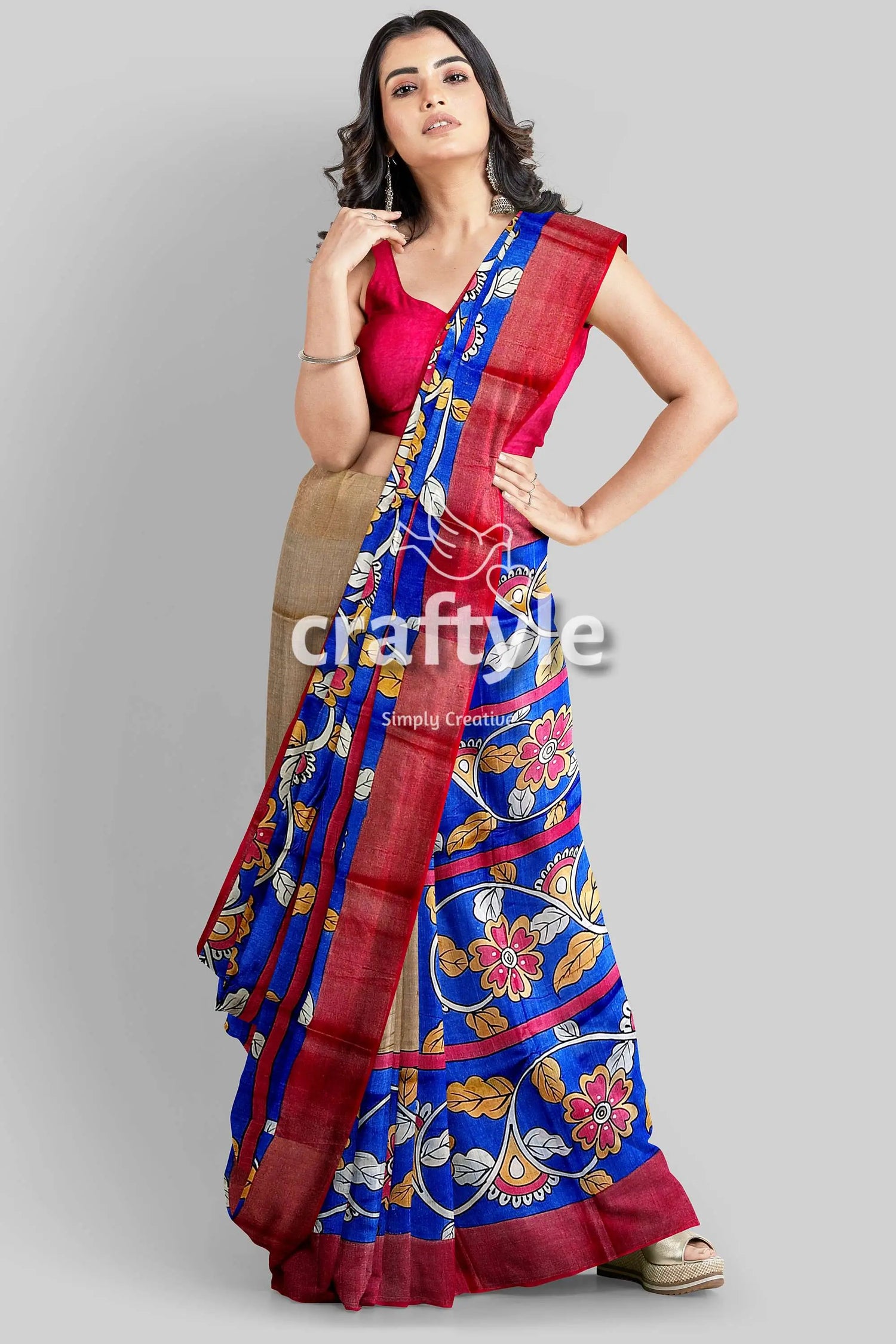 Azure blue hand-painted pure tussar saree with zari border - kalamkari design woman blue red floral saree 5