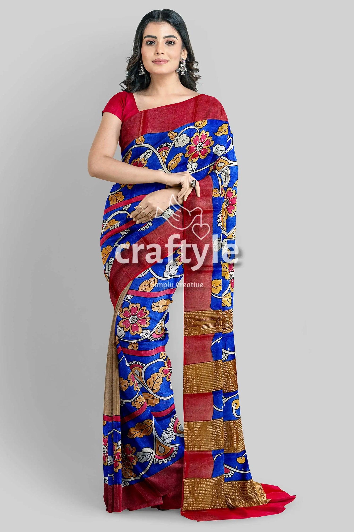 Azure blue hand-painted pure tussar saree with zari border - kalamkari design floral patterned saree 1