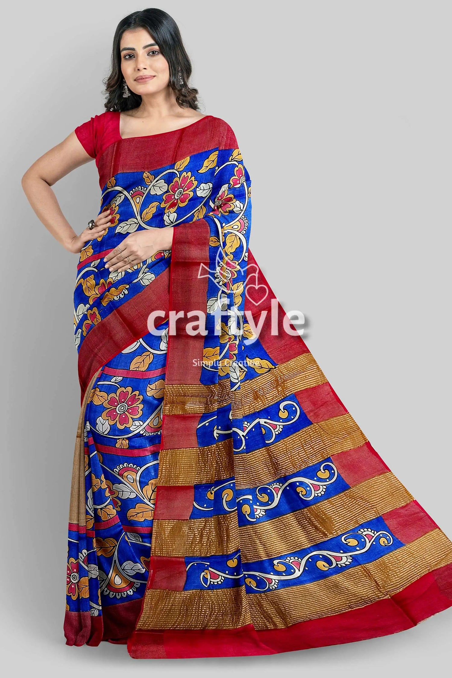 Azure blue hand-painted pure tussar saree with zari border - kalamkari design woman blue red floral saree 4