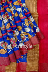 Azure blue hand-painted pure tussar saree with zari border - kalamkari design blue floral-patterned saree red gold 7