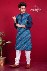 Azure blue kantha stitch designer cotton panjabi for men man blue patterned kurta white 3