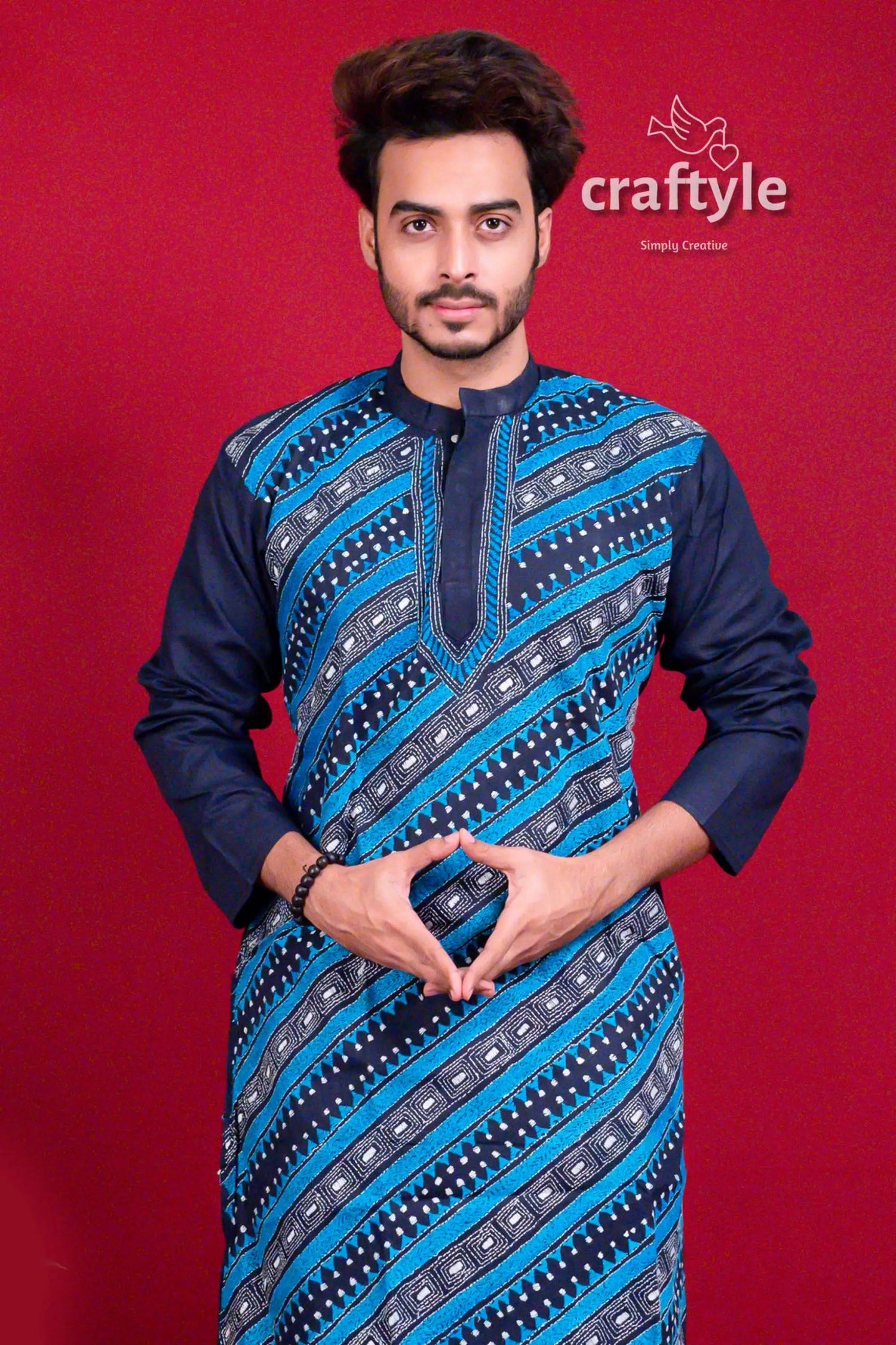 Azure blue kantha stitch designer cotton panjabi for men blue navy patterned kurta 2