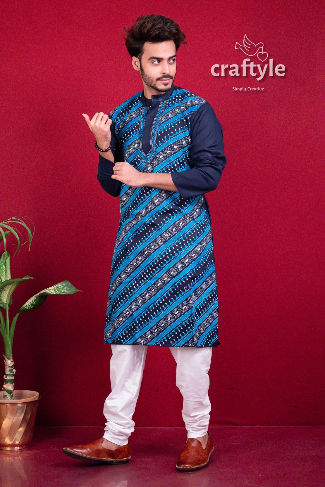 Azure Blue Kantha Stitch Designer Cotton Panjabi for Men - Craftyle