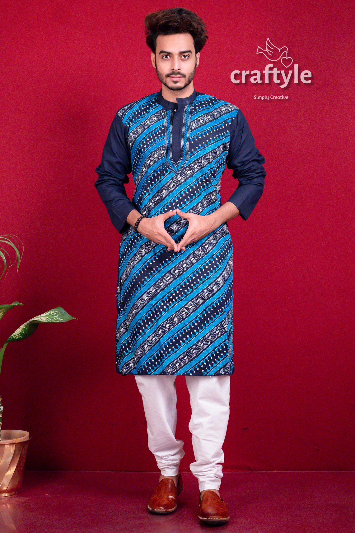 Azure Blue Kantha Stitch Designer Cotton Panjabi for Men - Craftyle