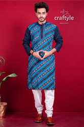 Azure blue kantha stitch designer cotton panjabi for men man’s blue patterned kurta white 4