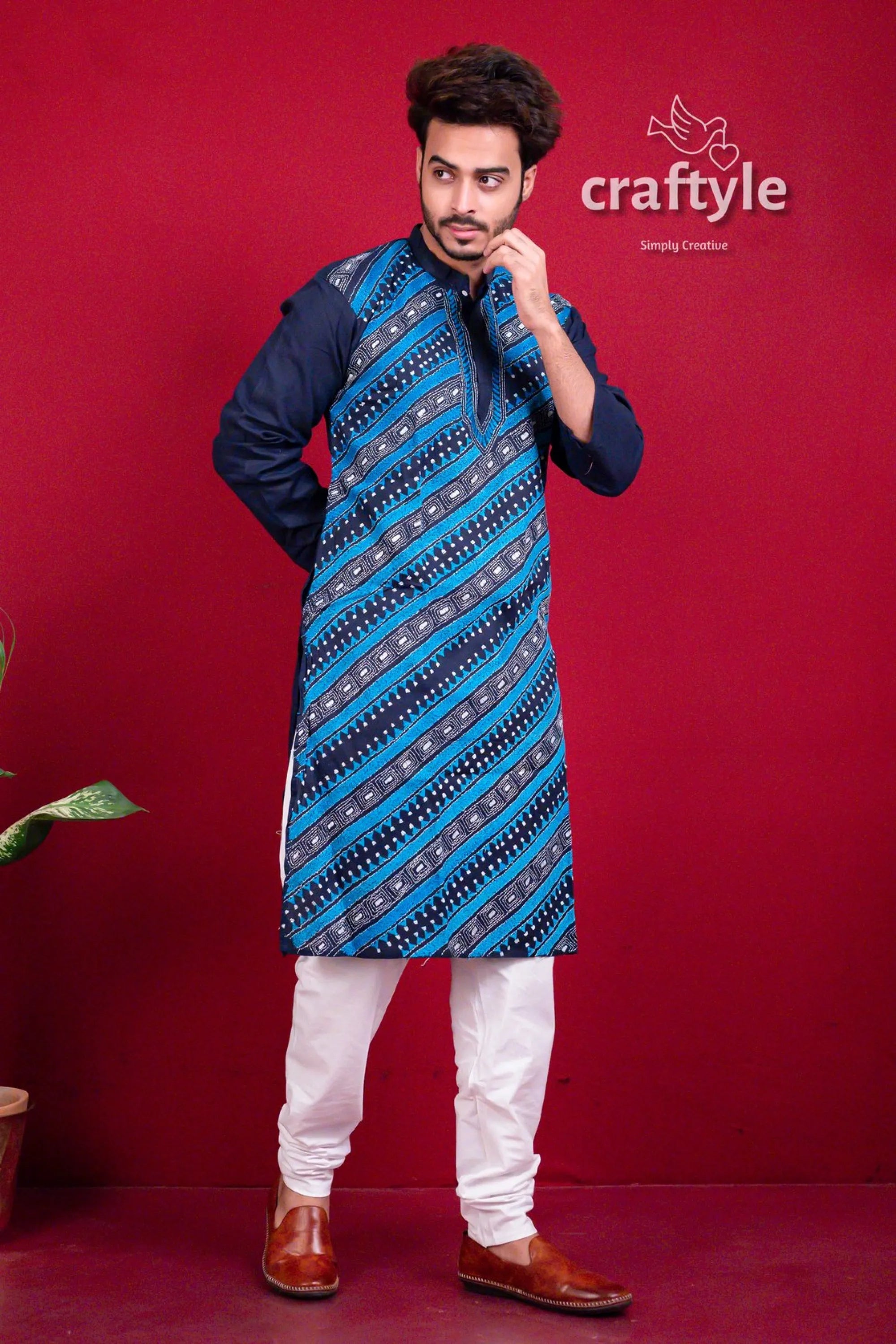 Azure blue kantha stitch designer cotton panjabi for men man patterned kurta white pants 1
