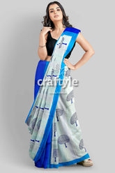 Azure blue mulberry pure silk saree with hand block print - elegant and ethereal woman blue white tree-patterned saree 3