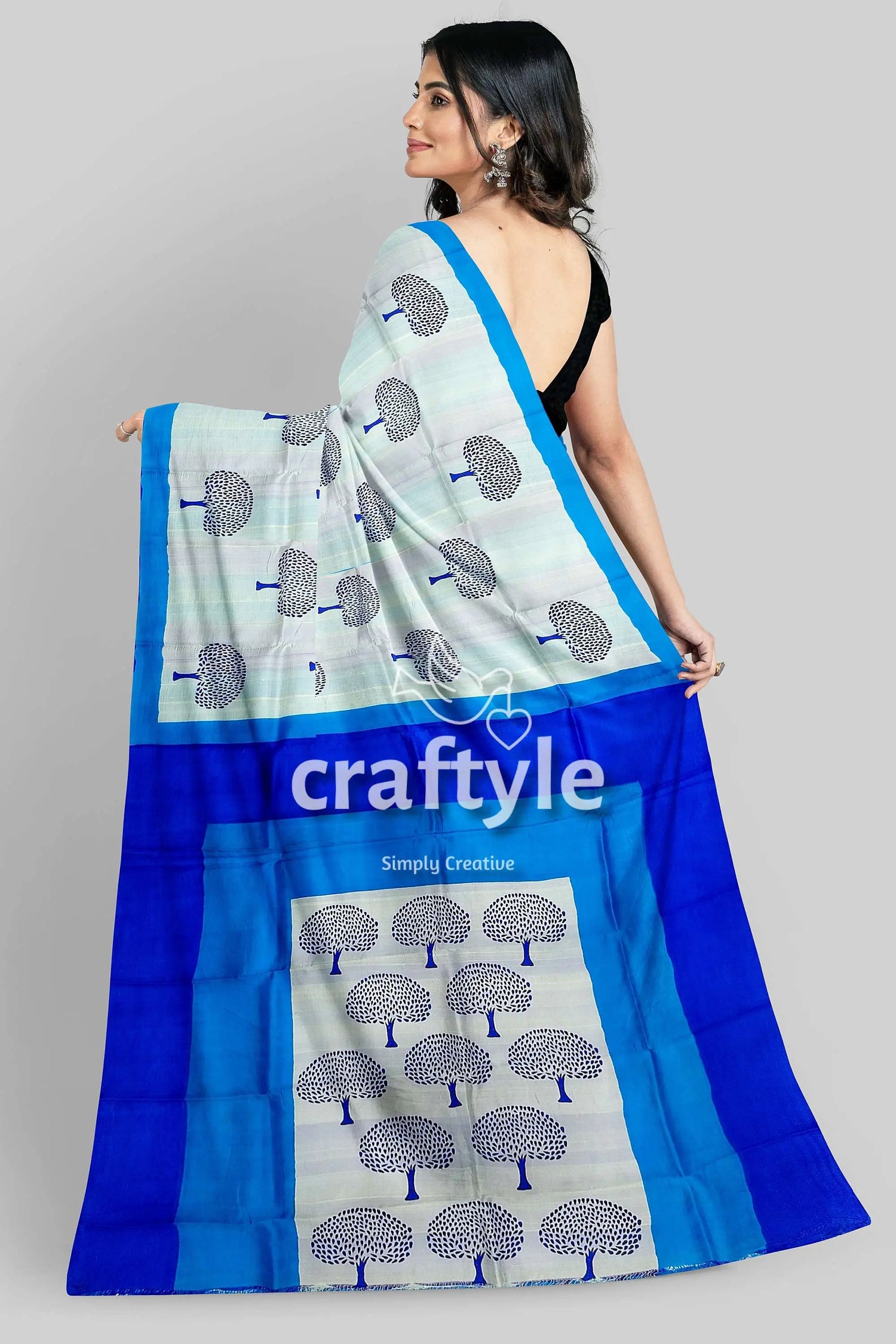 Azure blue mulberry pure silk saree with hand block print - elegant and ethereal blue white tree-patterned saree 6