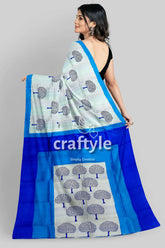 Azure blue mulberry pure silk saree with hand block print - elegant and ethereal blue white tree-patterned saree 6