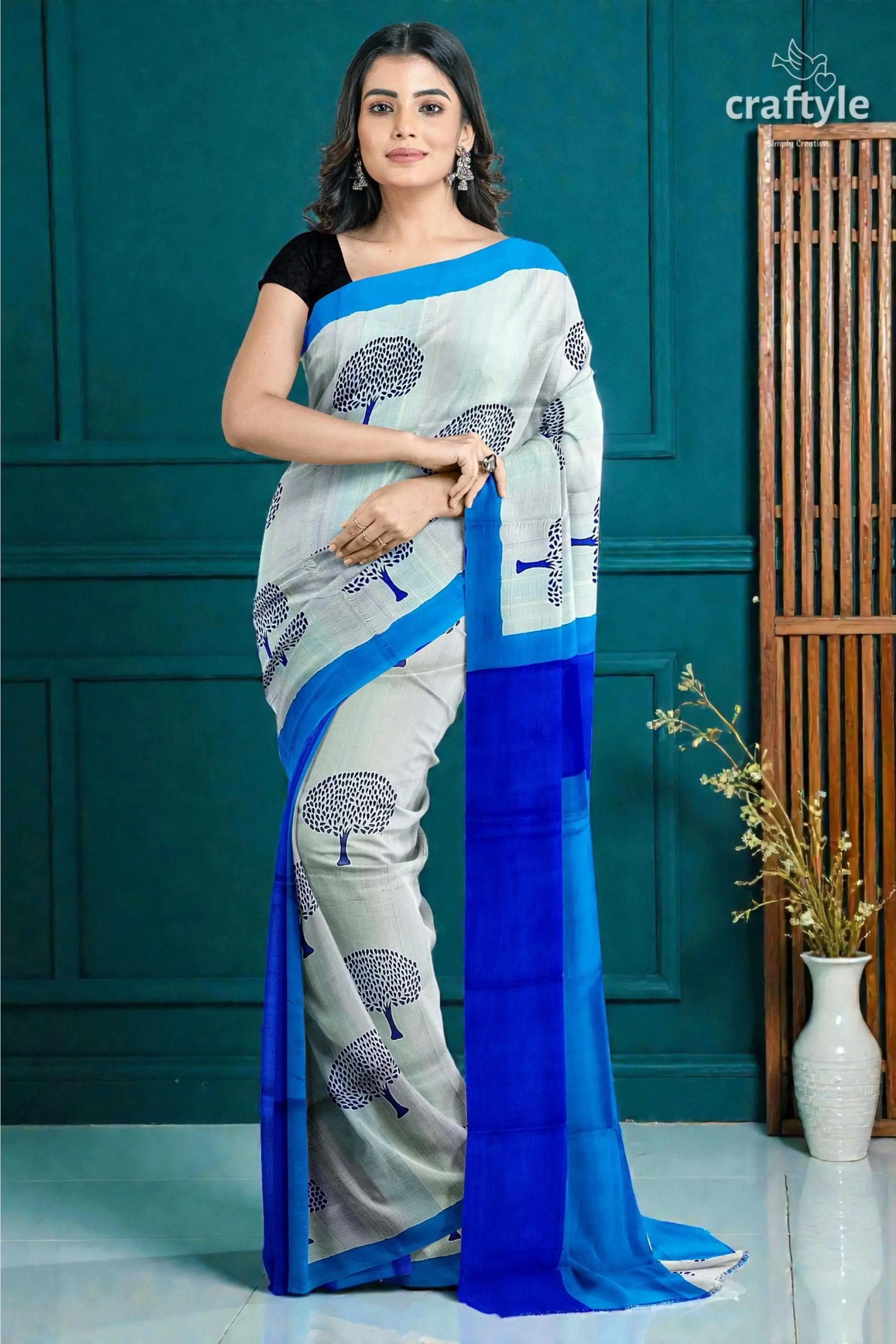 Azure blue mulberry pure silk saree with hand block print - elegant and ethereal 6