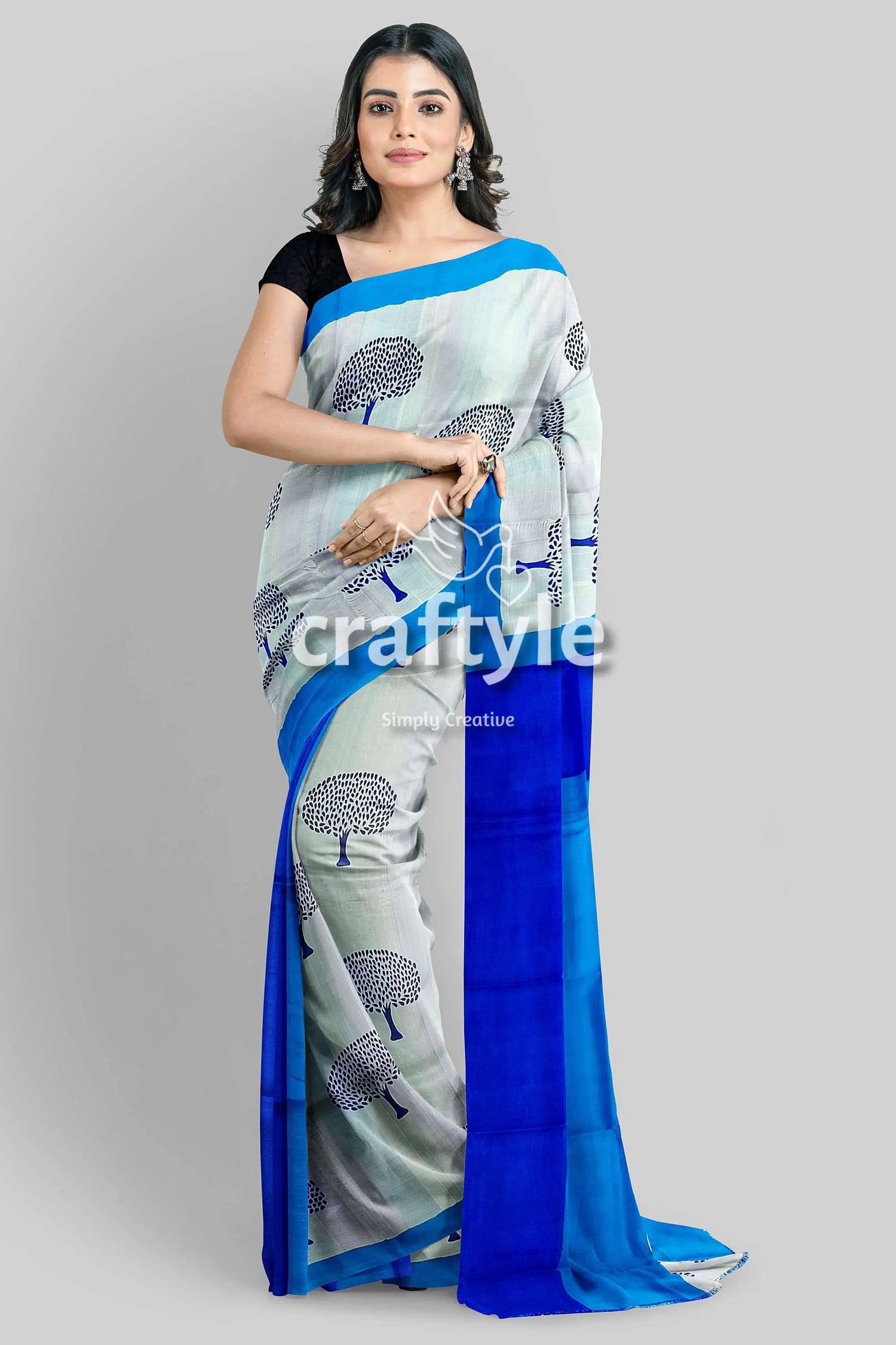 Azure blue mulberry pure silk saree with hand block print - elegant and ethereal woman white blue saree tree 5