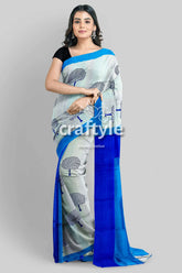 Azure blue mulberry pure silk saree with hand block print - elegant and ethereal woman white blue saree tree 5