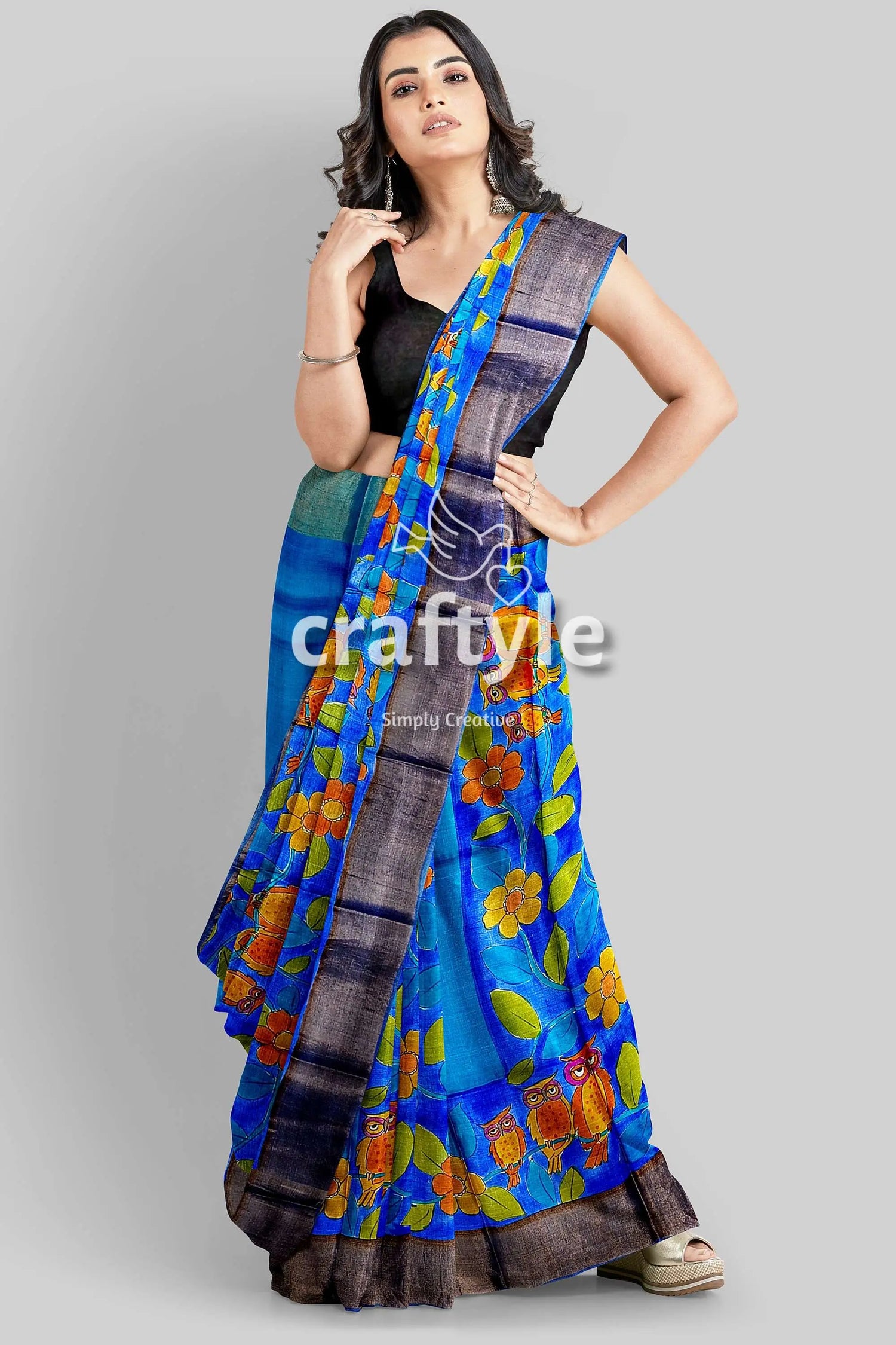 Azure blue pure tussar kalamkari saree - hand painted with zari border blue floral saree dark border 5