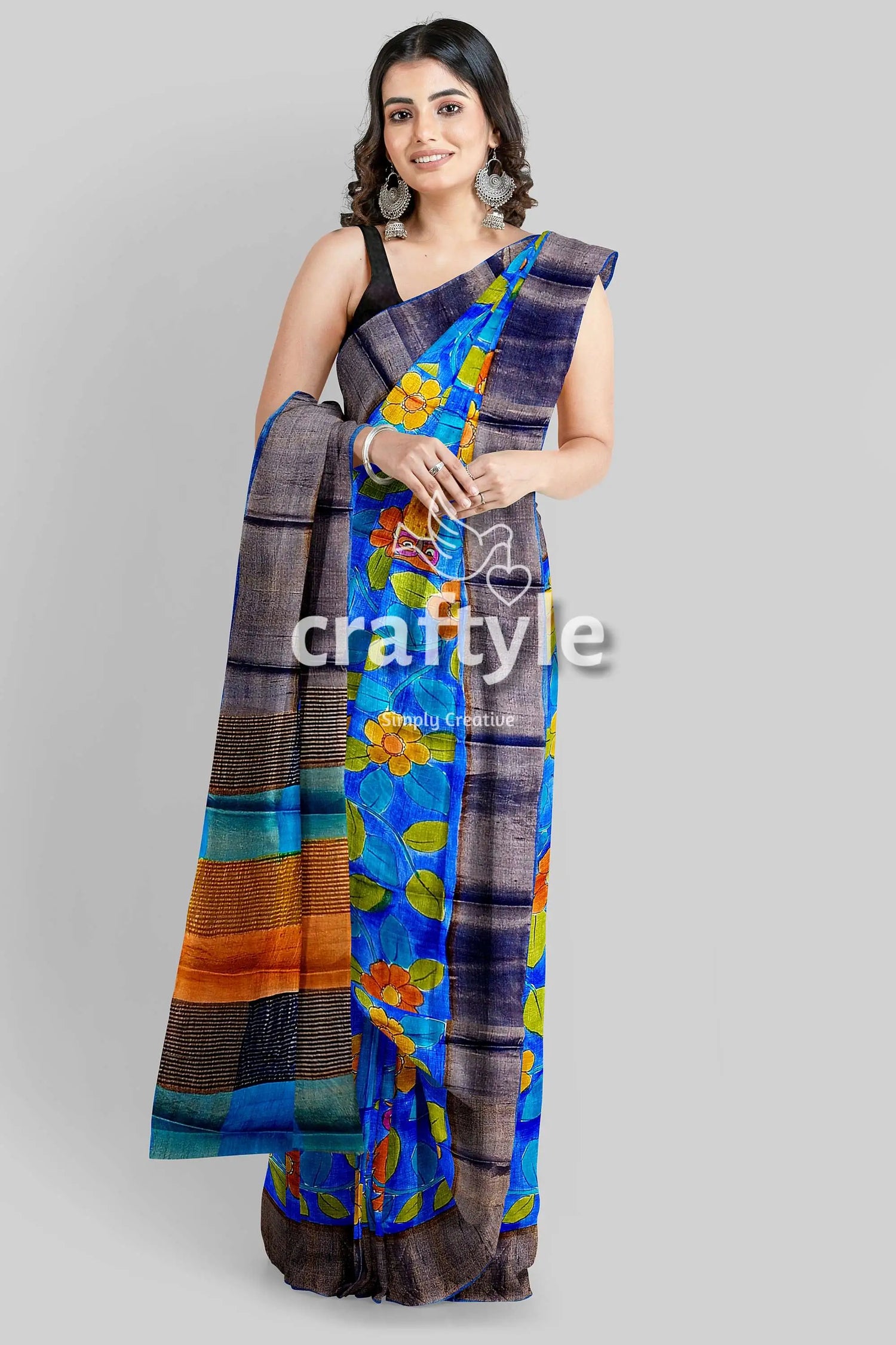 Azure blue pure tussar kalamkari saree - hand painted with zari border floral striped saree 4