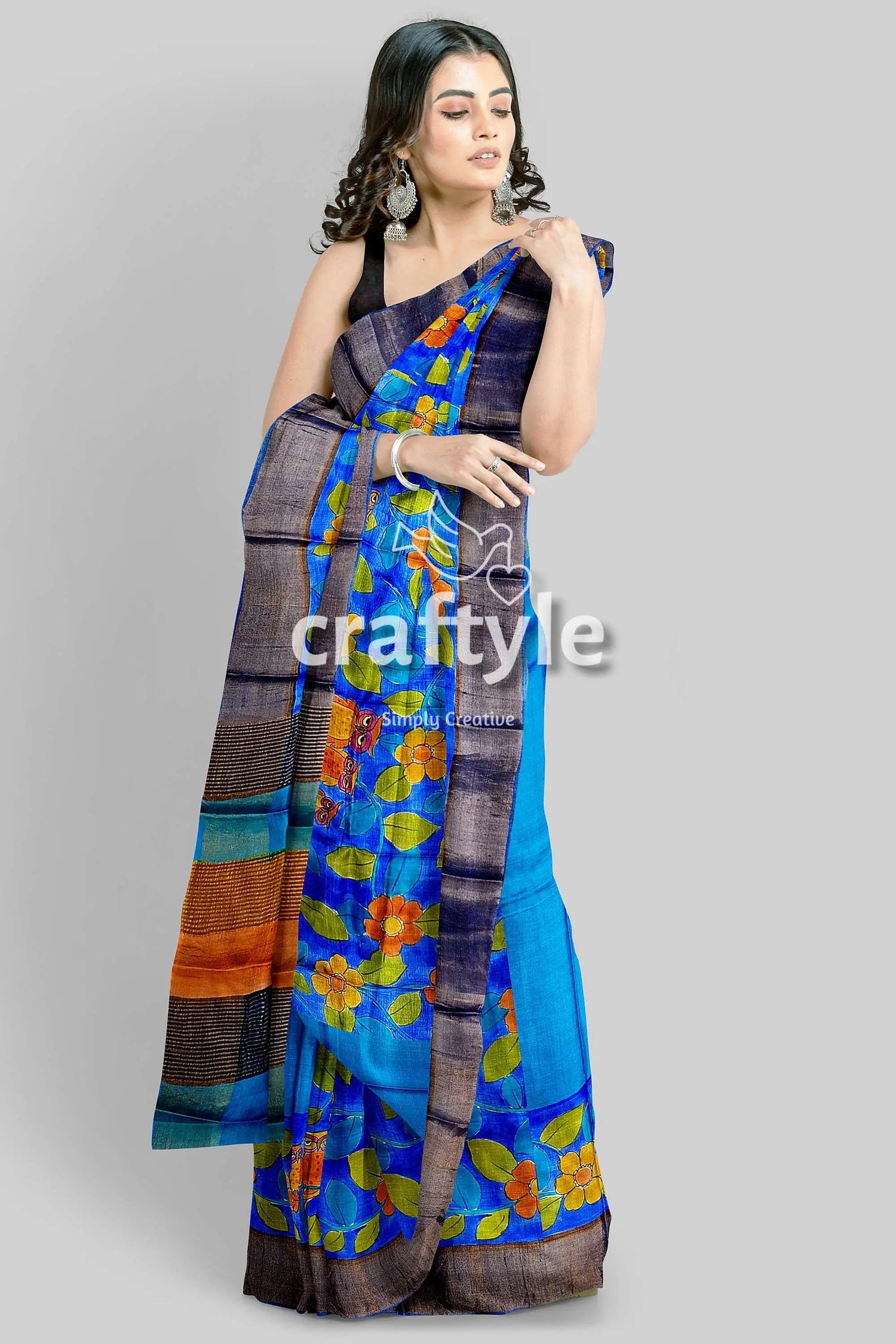 Azure blue pure tussar kalamkari saree - hand painted with zari border blue floral saree dark border 3