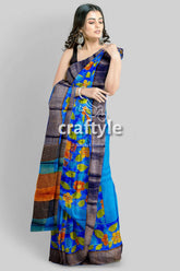 Azure blue pure tussar kalamkari saree - hand painted with zari border blue floral saree dark border 3