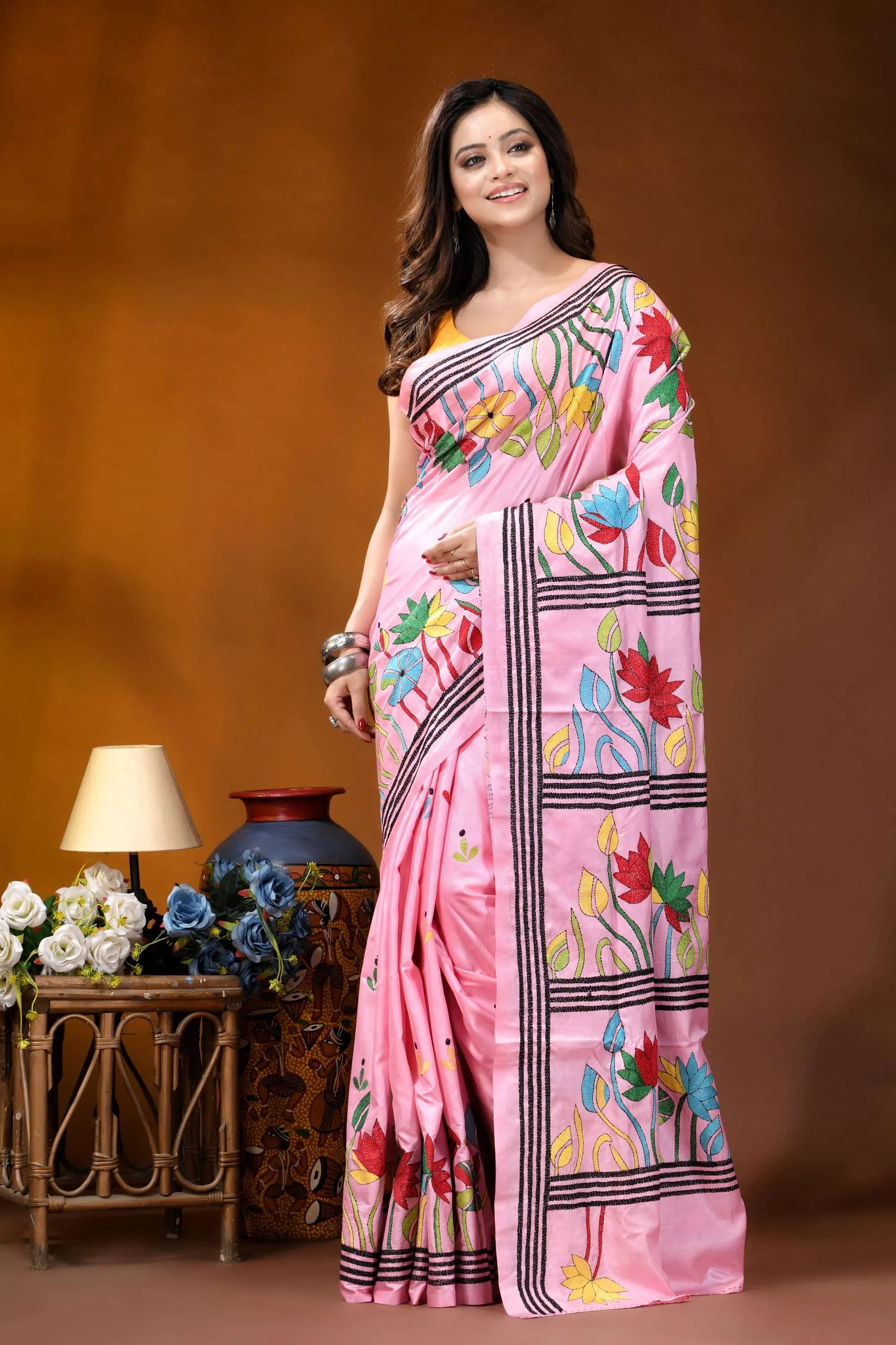 Baby pink lotus floral design handcrafted silk kantha work saree vibrant pink saree adorned colorful 6