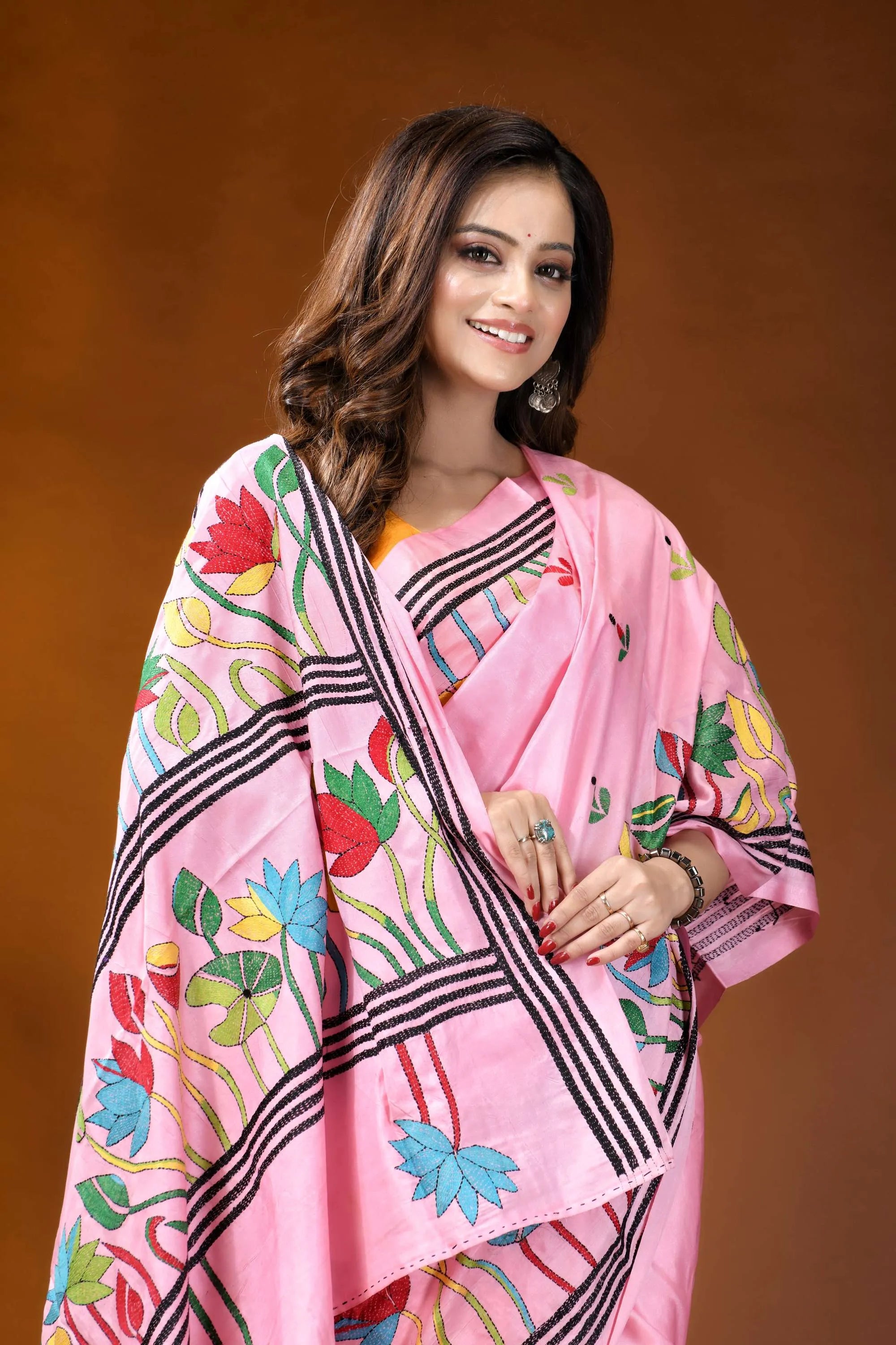 Baby pink lotus floral design handcrafted silk kantha work saree pink saree colorful embroidered lotus 2