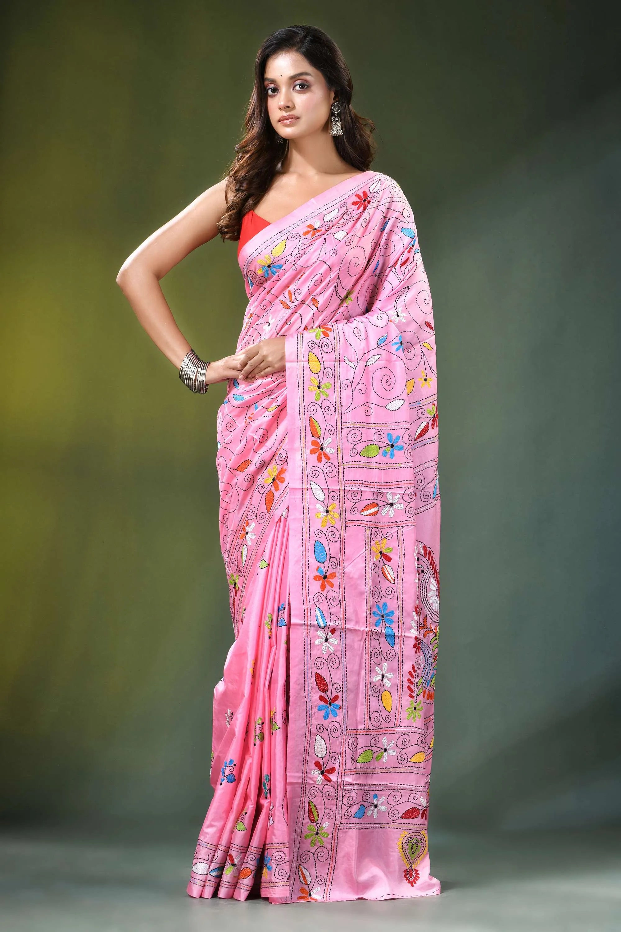 Baby pink paisley motif silk kantha saree - hand embroidered vibrant adorned colorful 6