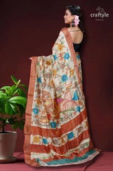 Bal ganesha painted zari pure tussar kalamkari design sari printed saree brown border 4