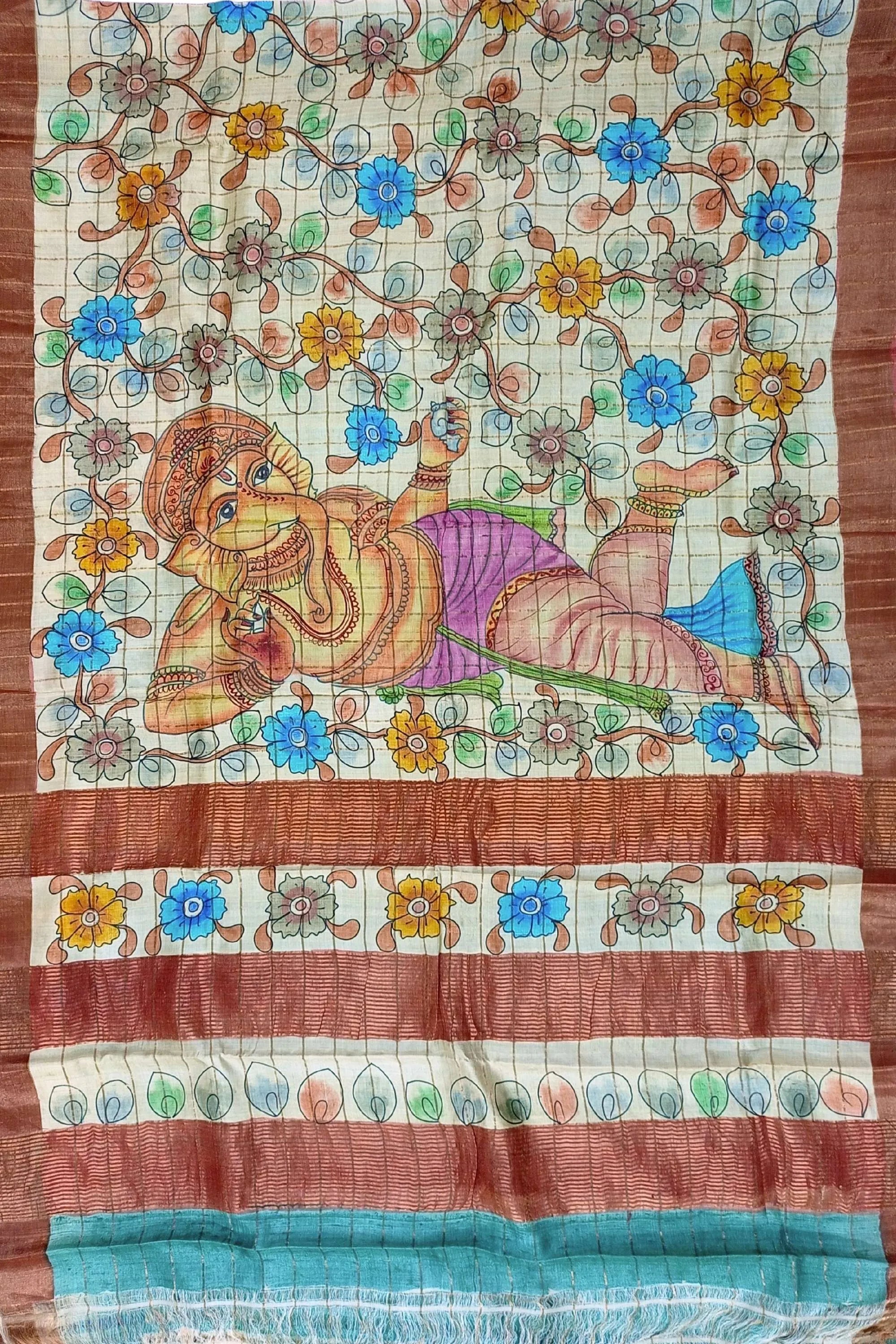 Bal ganesha painted zari pure tussar kalamkari design sari hand-painted silk scarf 5