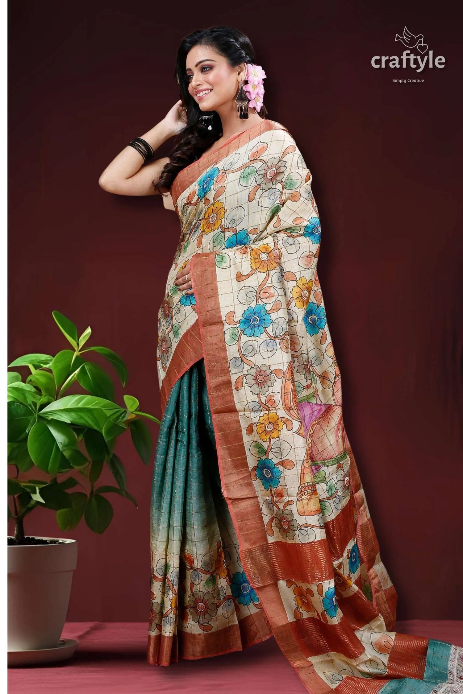 Bal ganesha painted zari pure tussar kalamkari design sari floral-patterned saree pallu 3