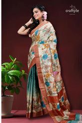 Bal ganesha painted zari pure tussar kalamkari design sari floral-patterned saree pallu 3