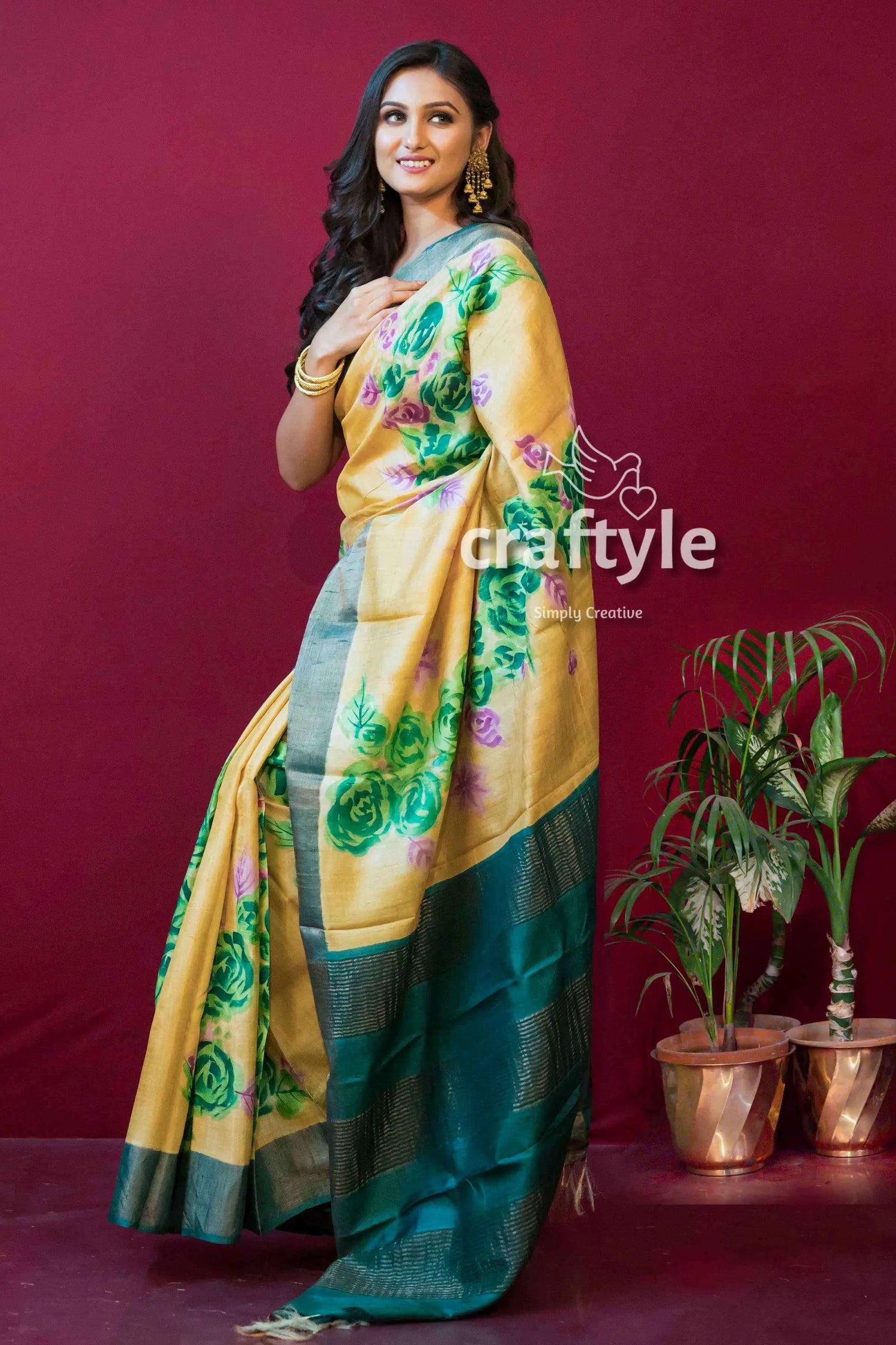 Banana yellow hand painted pure tussar saree with blouse piece woman yellow green floral saree 1