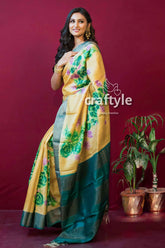 Banana yellow hand painted pure tussar saree with blouse piece woman yellow green floral saree 1