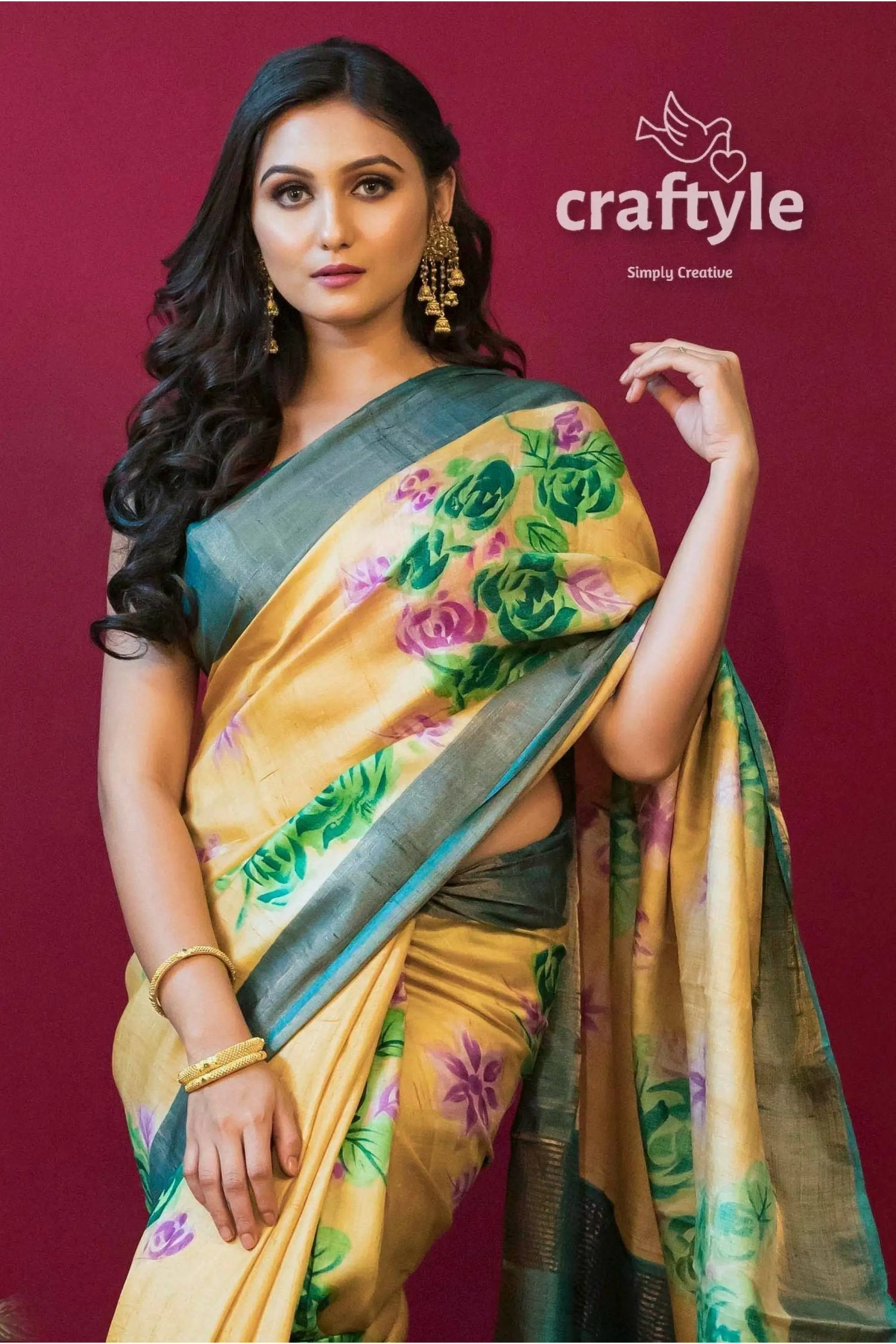 Banana yellow hand painted pure tussar saree with blouse piece floral-patterned yellow saree 4