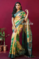 Banana yellow hand painted pure tussar saree with blouse piece floral patterned yellow saree 2