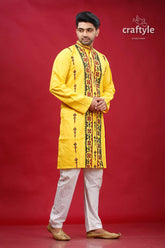 Banana yellow kutch work ethnic cotton kurta for men yellow embroidered kurta white pants 4