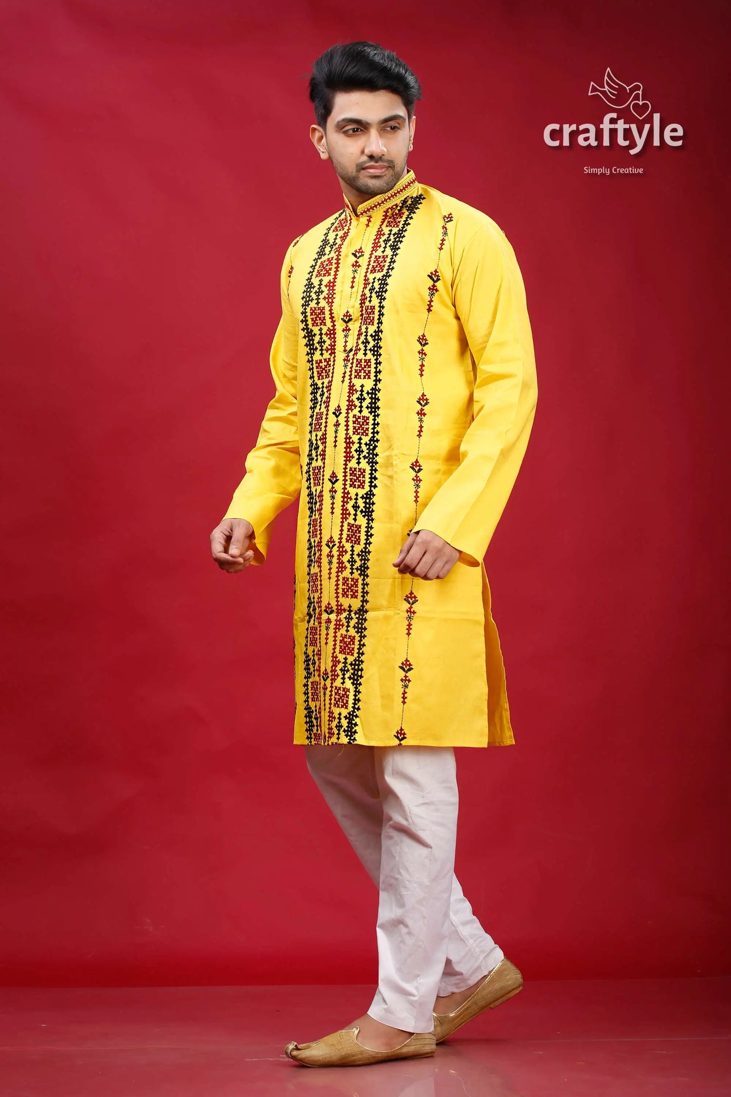 Banana yellow kutch work ethnic cotton kurta for men yellow embroidered kurta 3