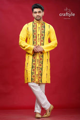 Banana yellow kutch work ethnic cotton kurta for men yellow embroidered kurta white pants 1