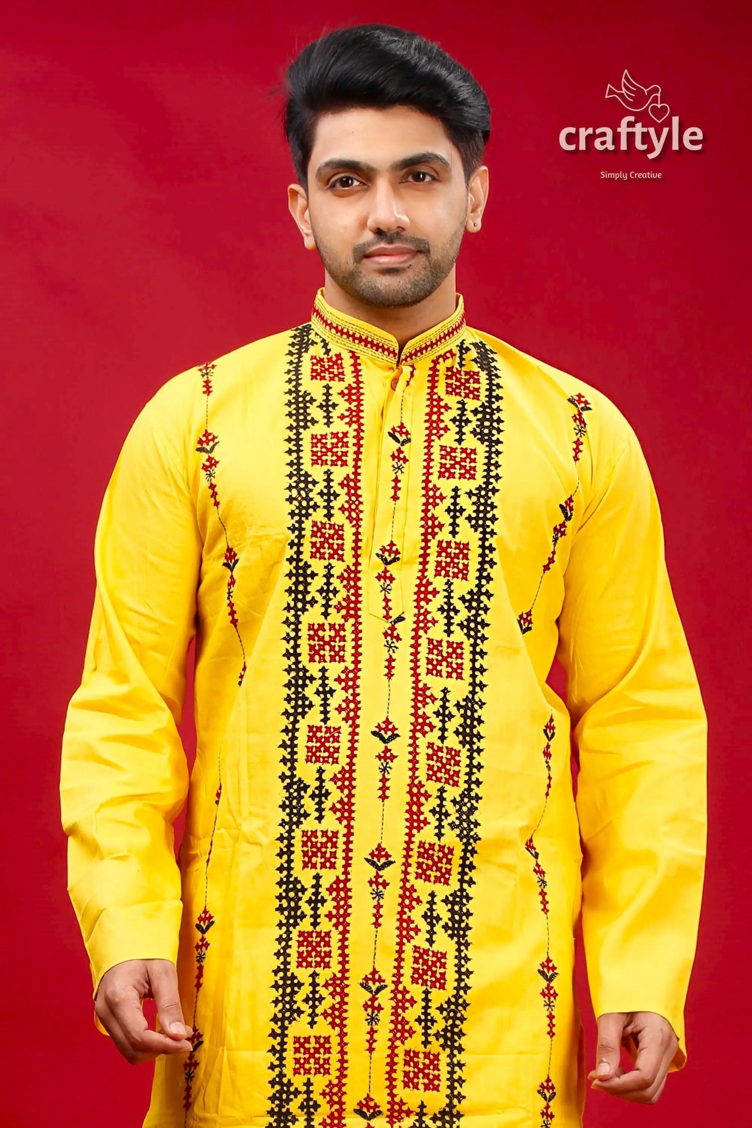 Banana yellow kutch work ethnic cotton kurta for men yellow embroidered kurta 2